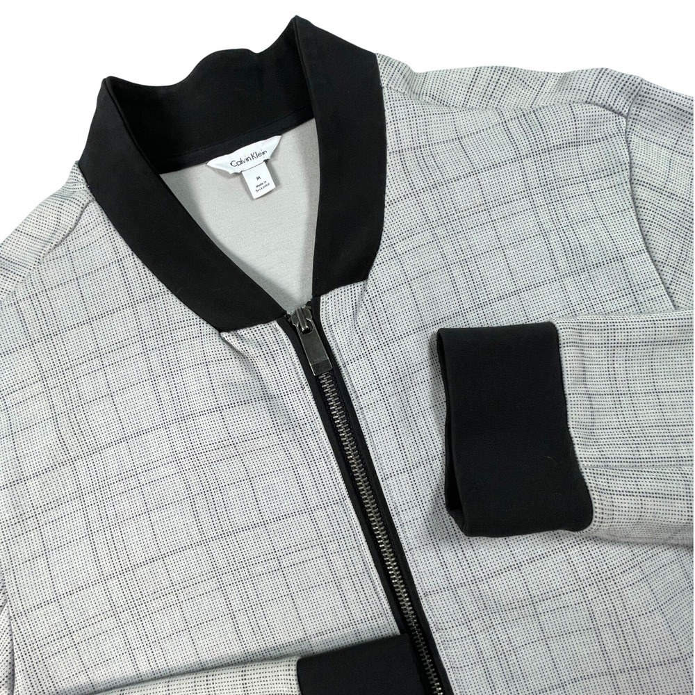 Calvin Klein Bomber Jacket Mens M Grey Grid Full Zip Lightweight Casual
